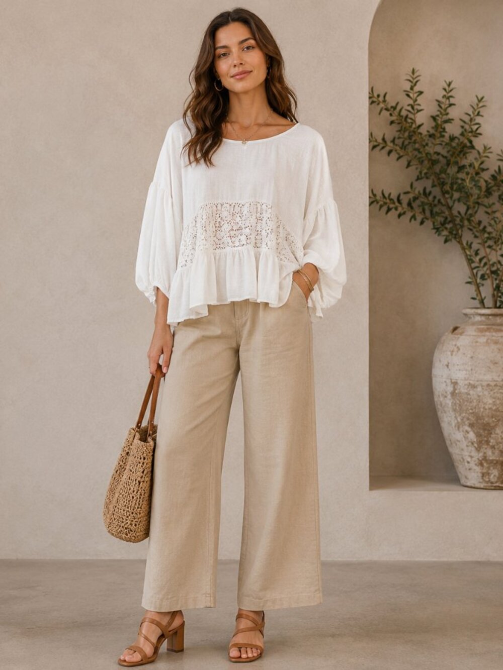 Cato Womens 18 20W Ivory Linen Blend Lace Tiered Boho Blouse Plus Size Top